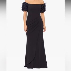 NEW Xscape ASHLYN LONG SCUBA CREPE OFF THE SHOULDER FLOWER GOWN Black Womens 8